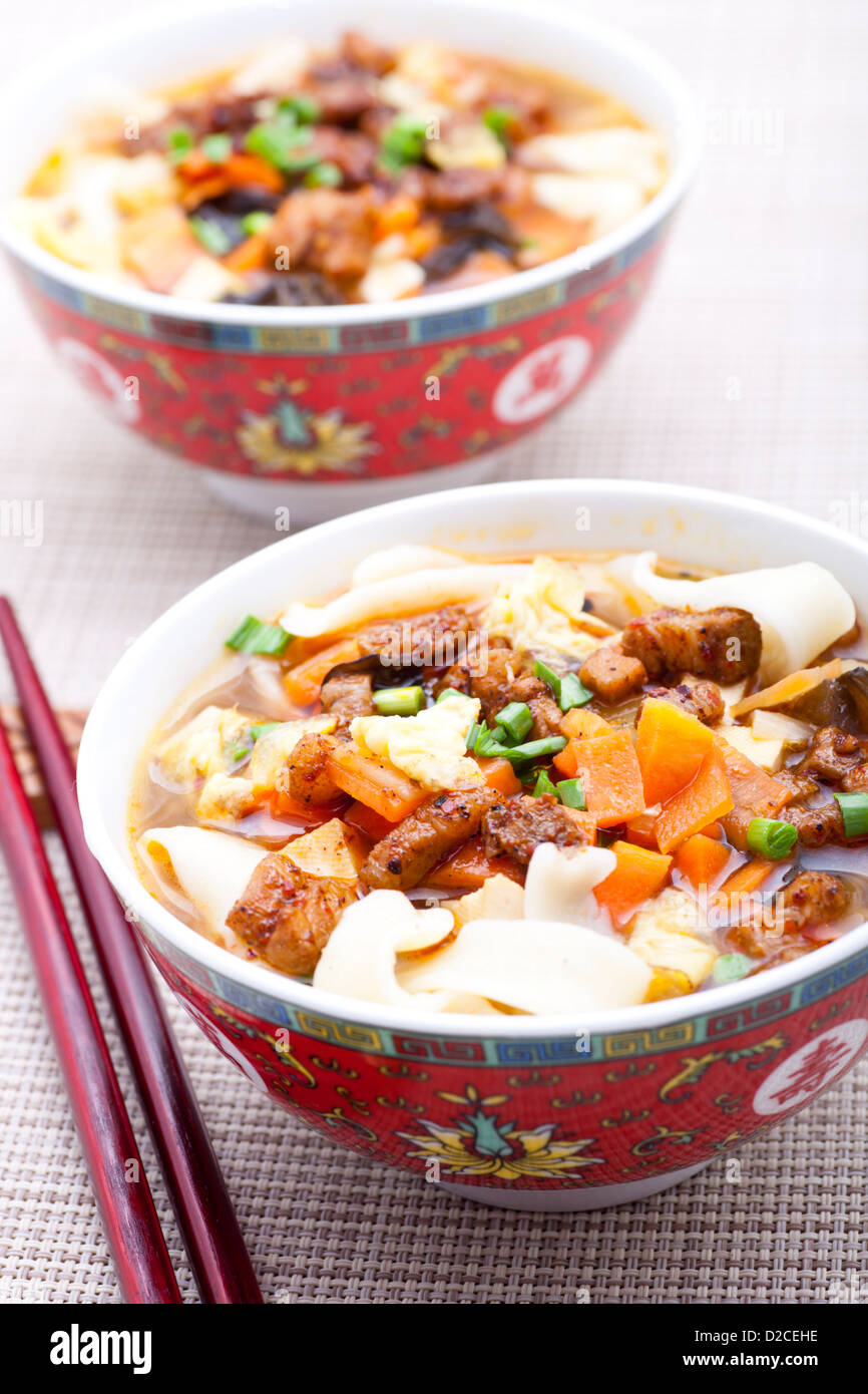 noodle soup with chopped vegetable. Stock Photo