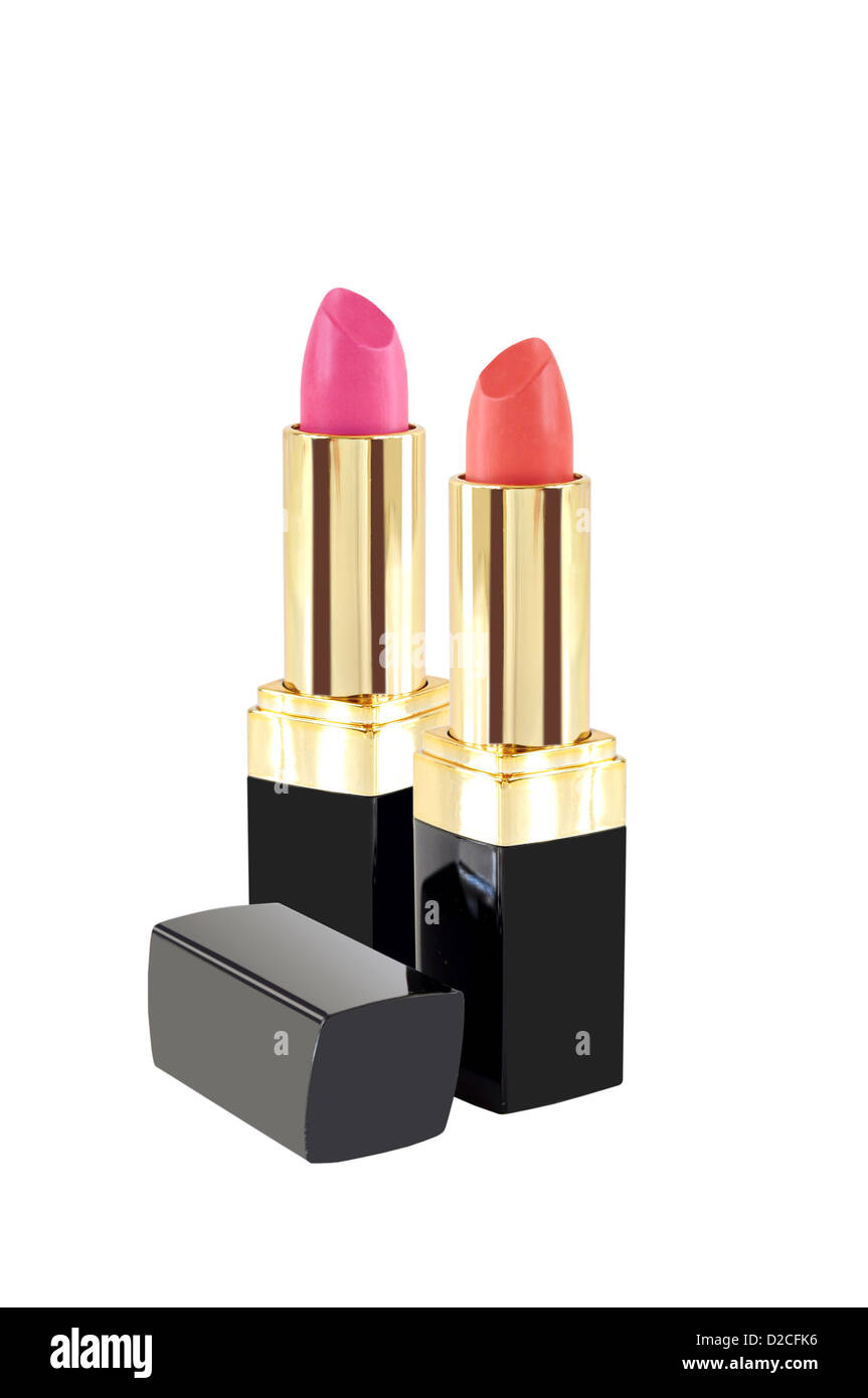 Two lipsticks in red and pink on white background Stock Photo