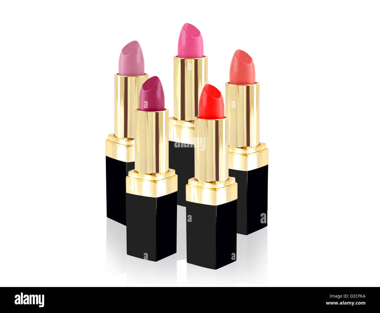 Collection of lipstick in various colors on white background Stock Photo