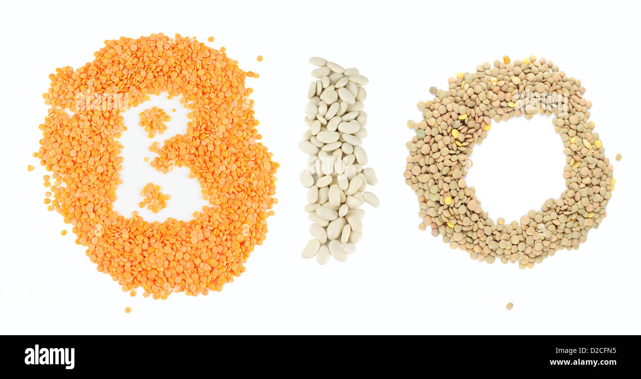 Red lentils, beans and lentils seeds forming word Bio Stock Photo