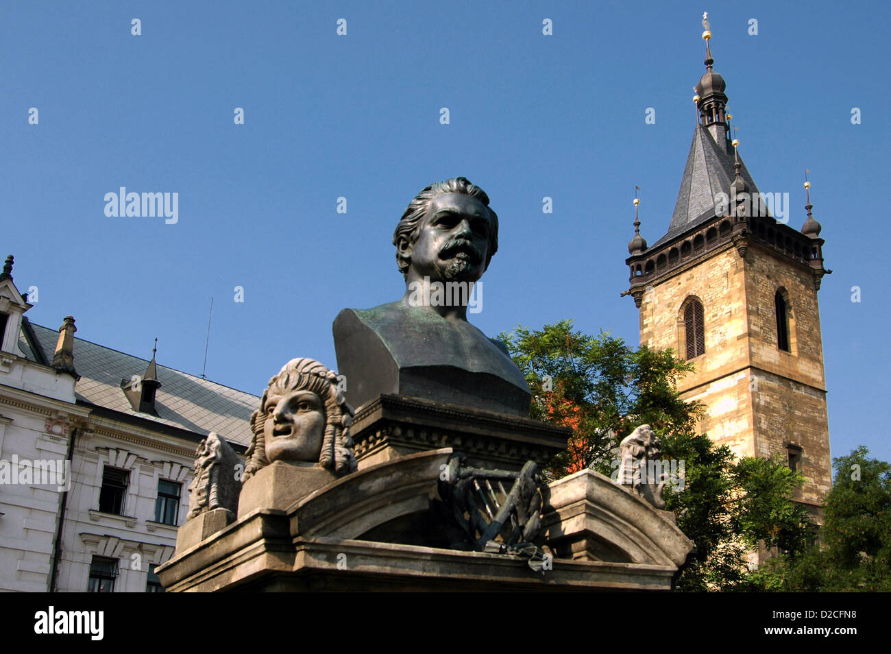 Bust of Vítezslav Hálek (1835-74) Czech poet in front of the New Town Hall Novomestska Radnice in Nove Mesto district Prague Czech republic Stock Photo