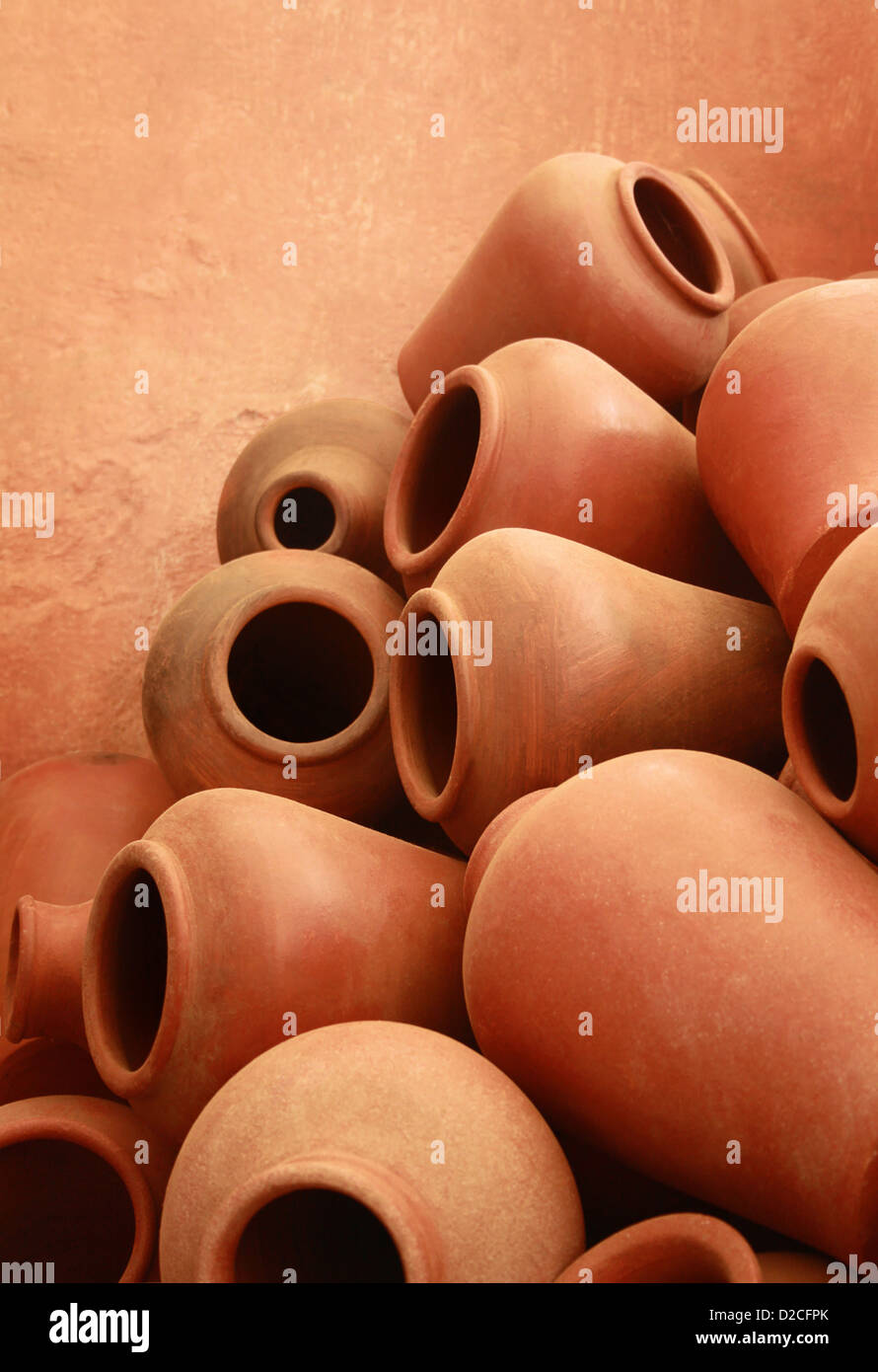 A stack of clay pots Stock Photo