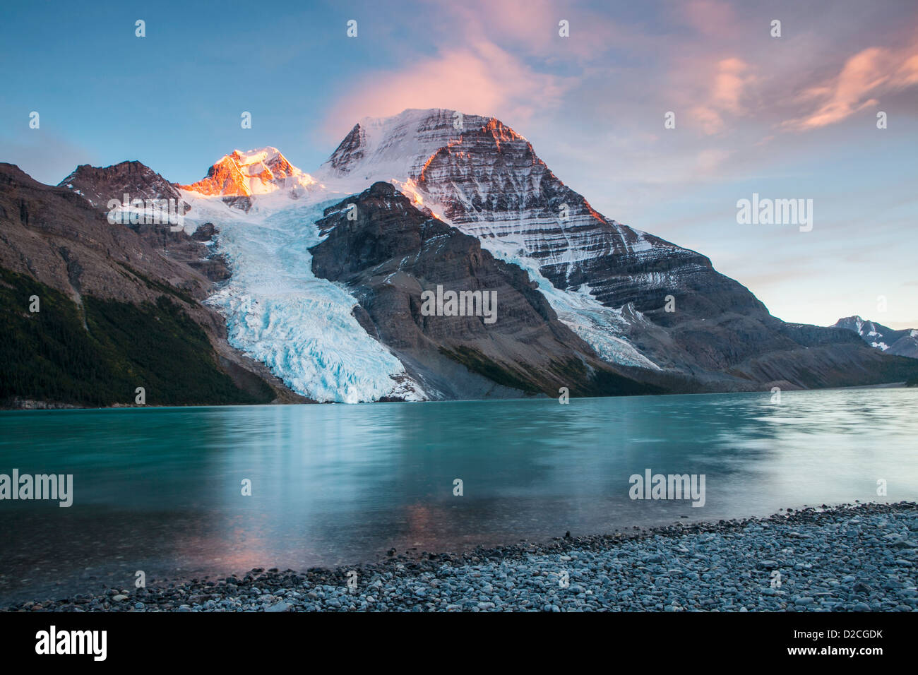Evening light on Mount Robson above Berg Lake, Robson Provincial Park, Canadian Rockies, British Columbia, Canada. Stock Photo