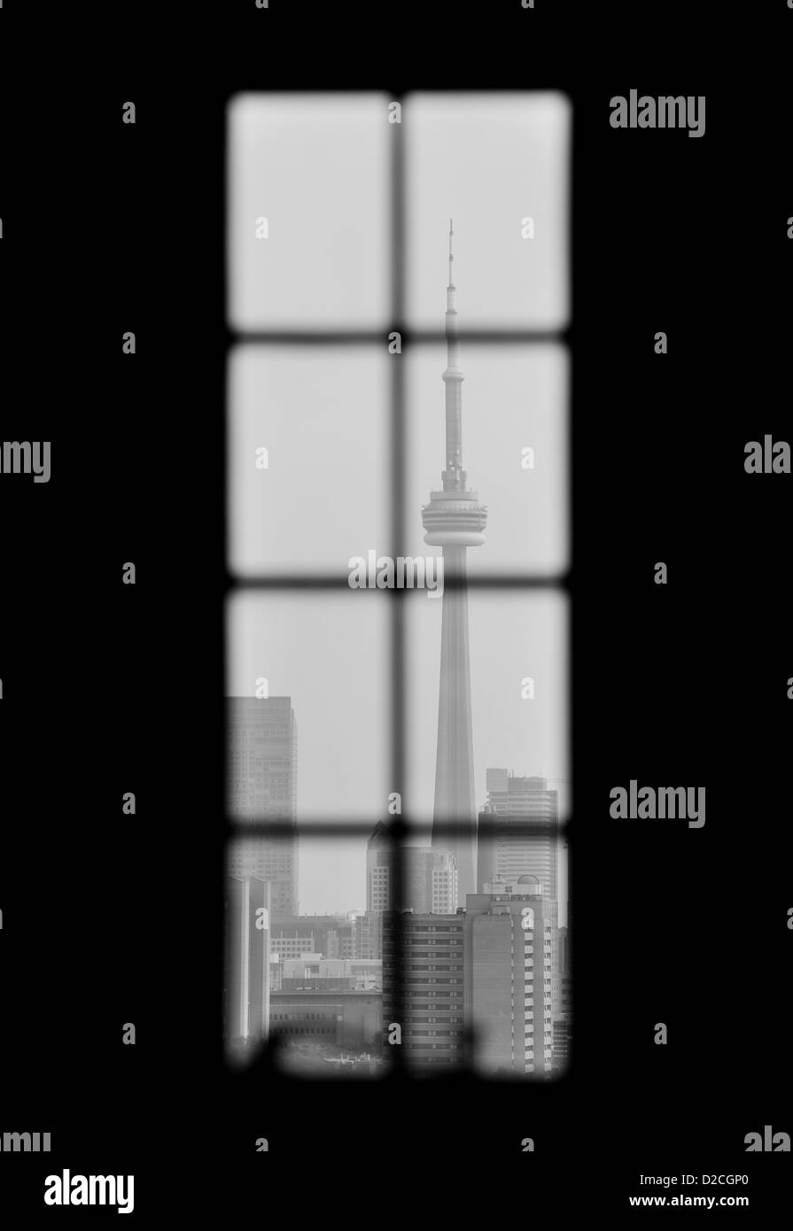Toronto skyline viewed through window in black and white Stock Photo