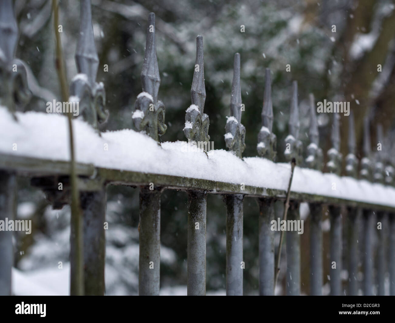 Victorian trefoil iron railings in the snow blurring into the distance Stock Photo