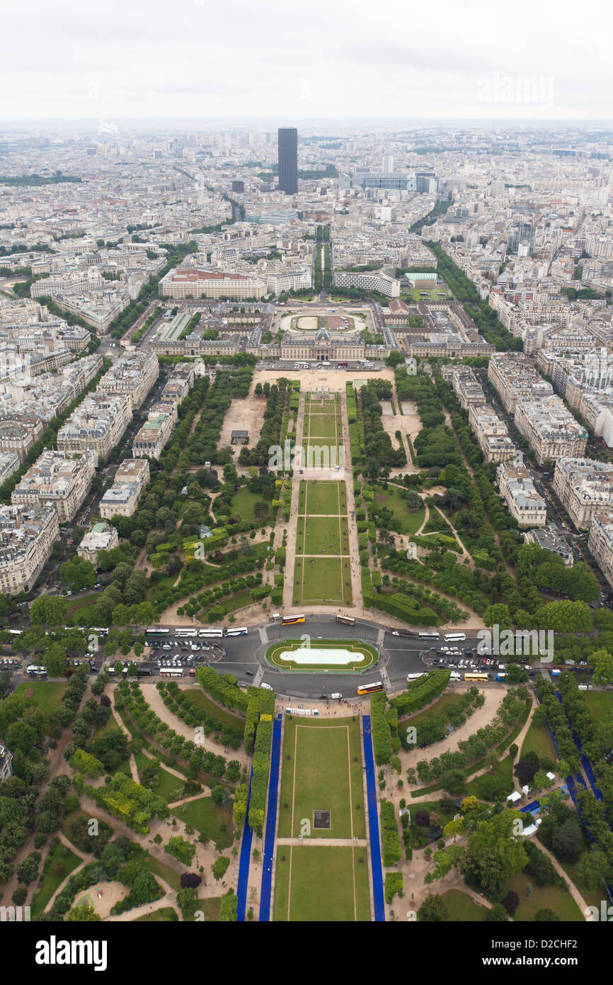 View of Paris from the Eiffel Tower on Champ de Mars and Avenue Joseph Bouvard Stock Photo