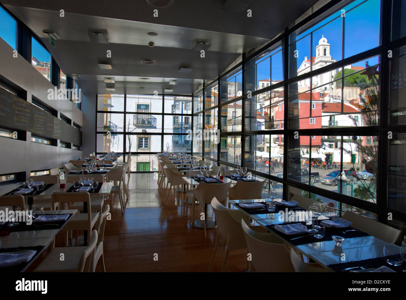 Restaurant Travessa do Fado with a view of Alfama district, Lisbon, Portugal. Stock Photo