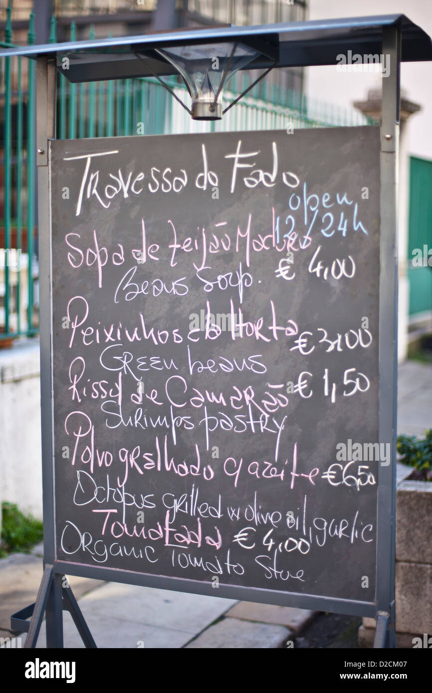 Portuguese menu at Travessa do Fado restaurant in Lisbon, Portugal. Stock Photo