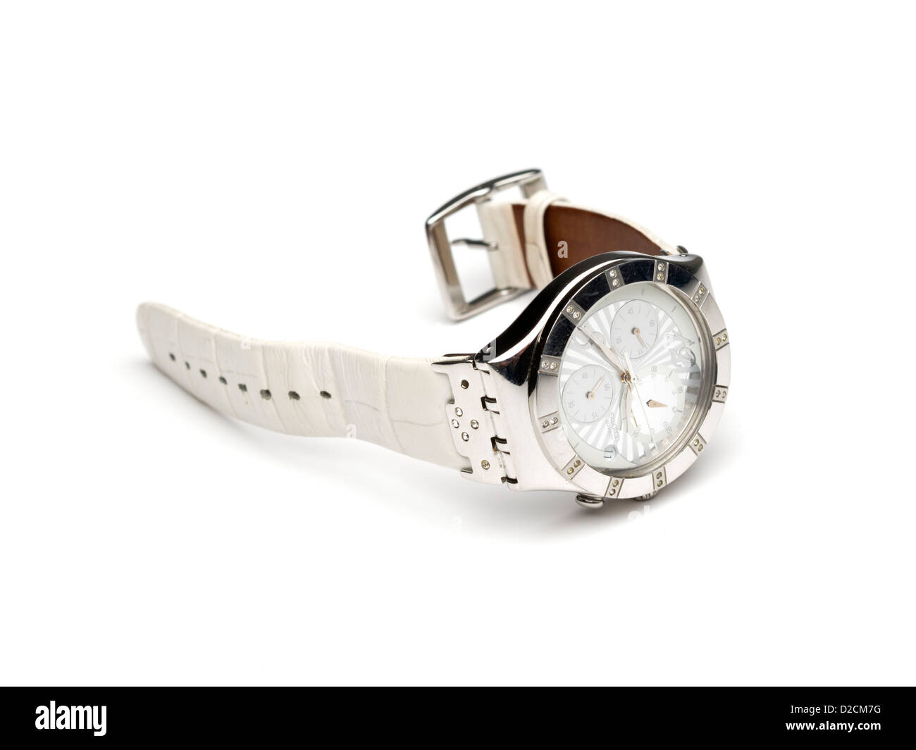 White Swatch wristwatch isolated on white background Stock Photo