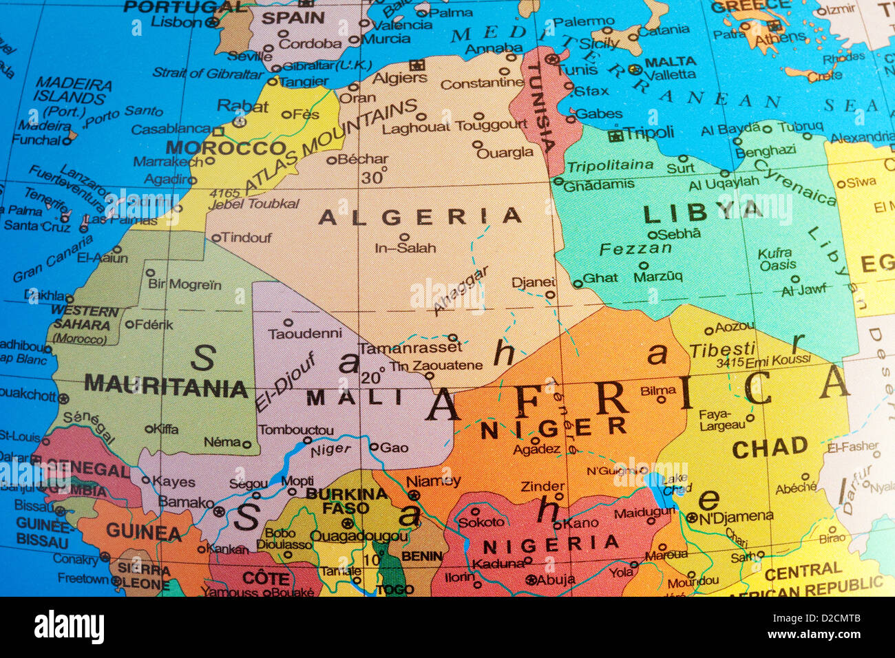 A map of North Africa showing Algeria and Mali countries on a globe Stock Photo