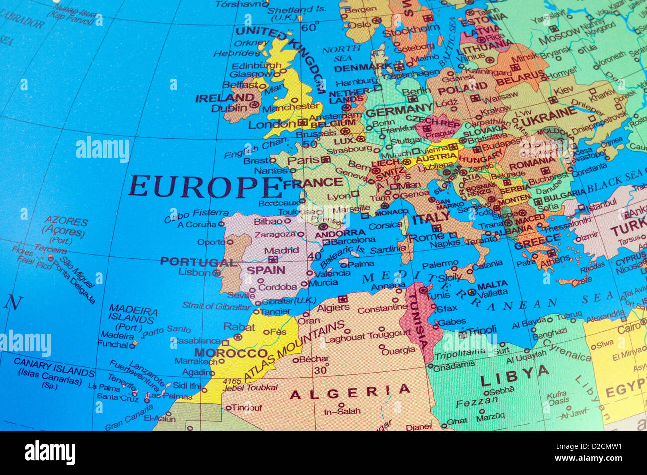 A map of Europe and North Africa on a globe Stock Photo