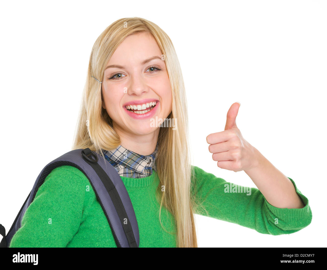 Smiling student girl showing thumbs up Stock Photo - Alamy