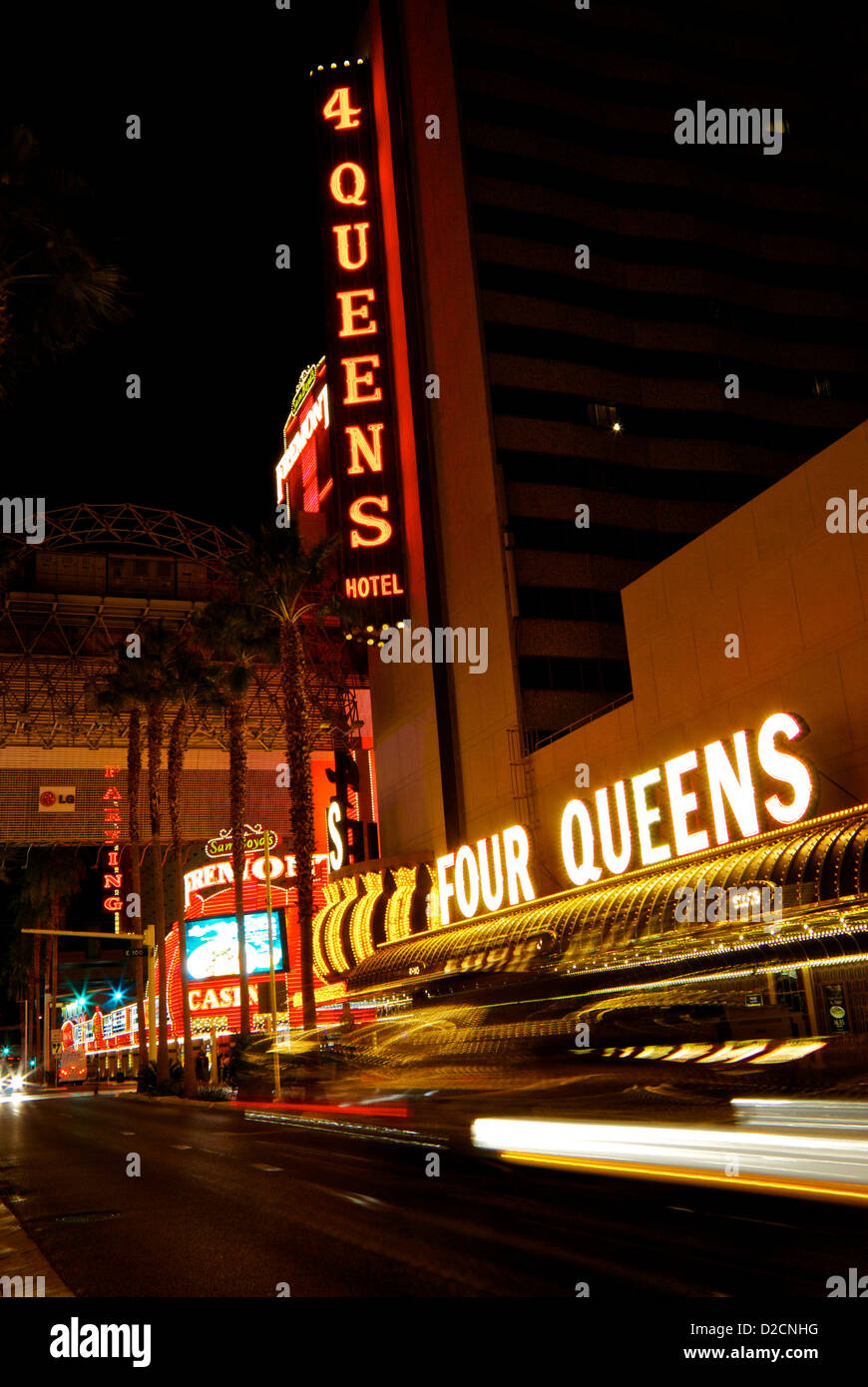 Car in motion blur Four Queens Hotel Casino old downtown Las vegas Boulevard Fremont Street Stock Photo