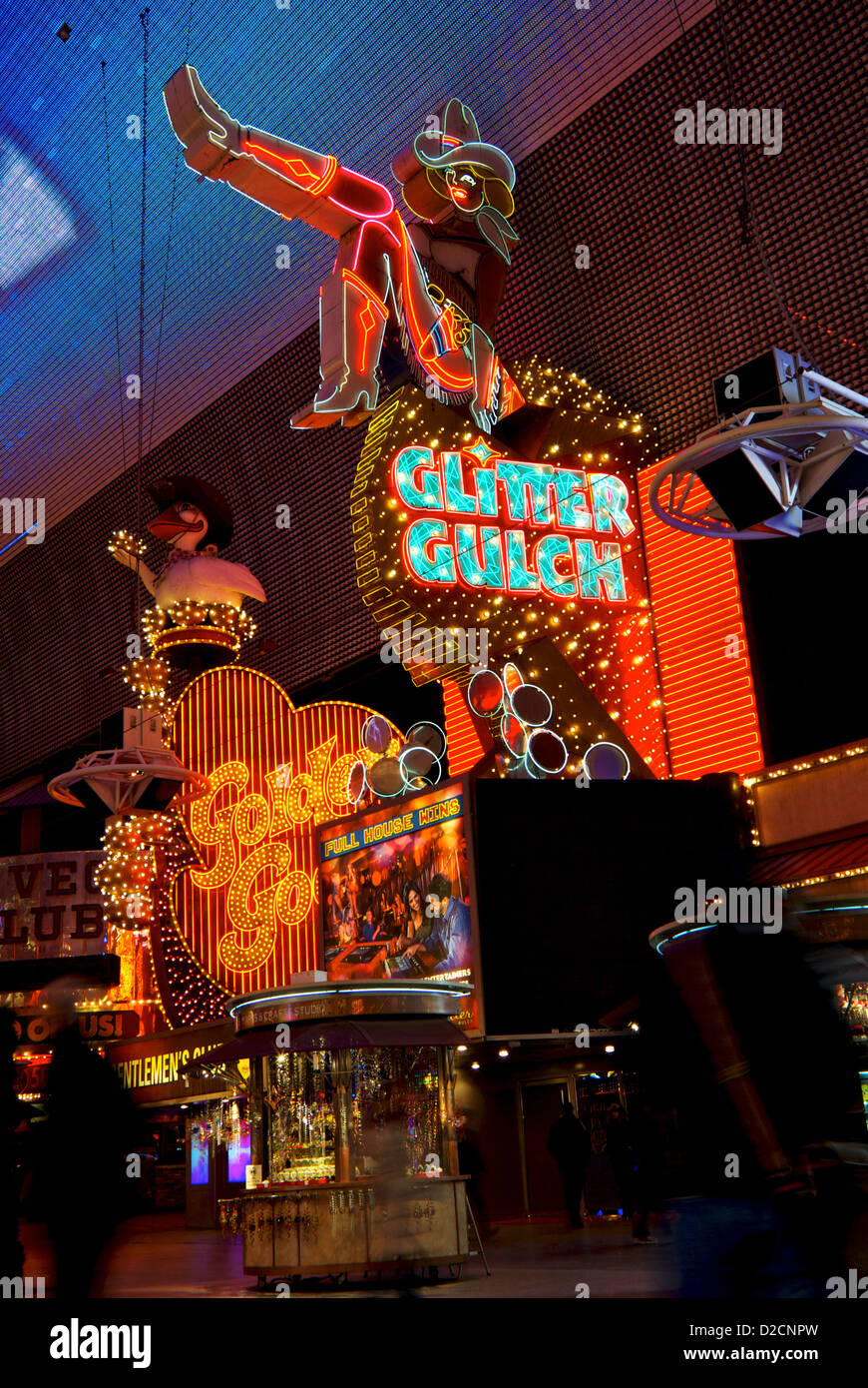 Gaudy glaring neon lights Glitter Gulch Golden Goose Casino Fremont Street Experience old Las Vegas downtown Stock Photo