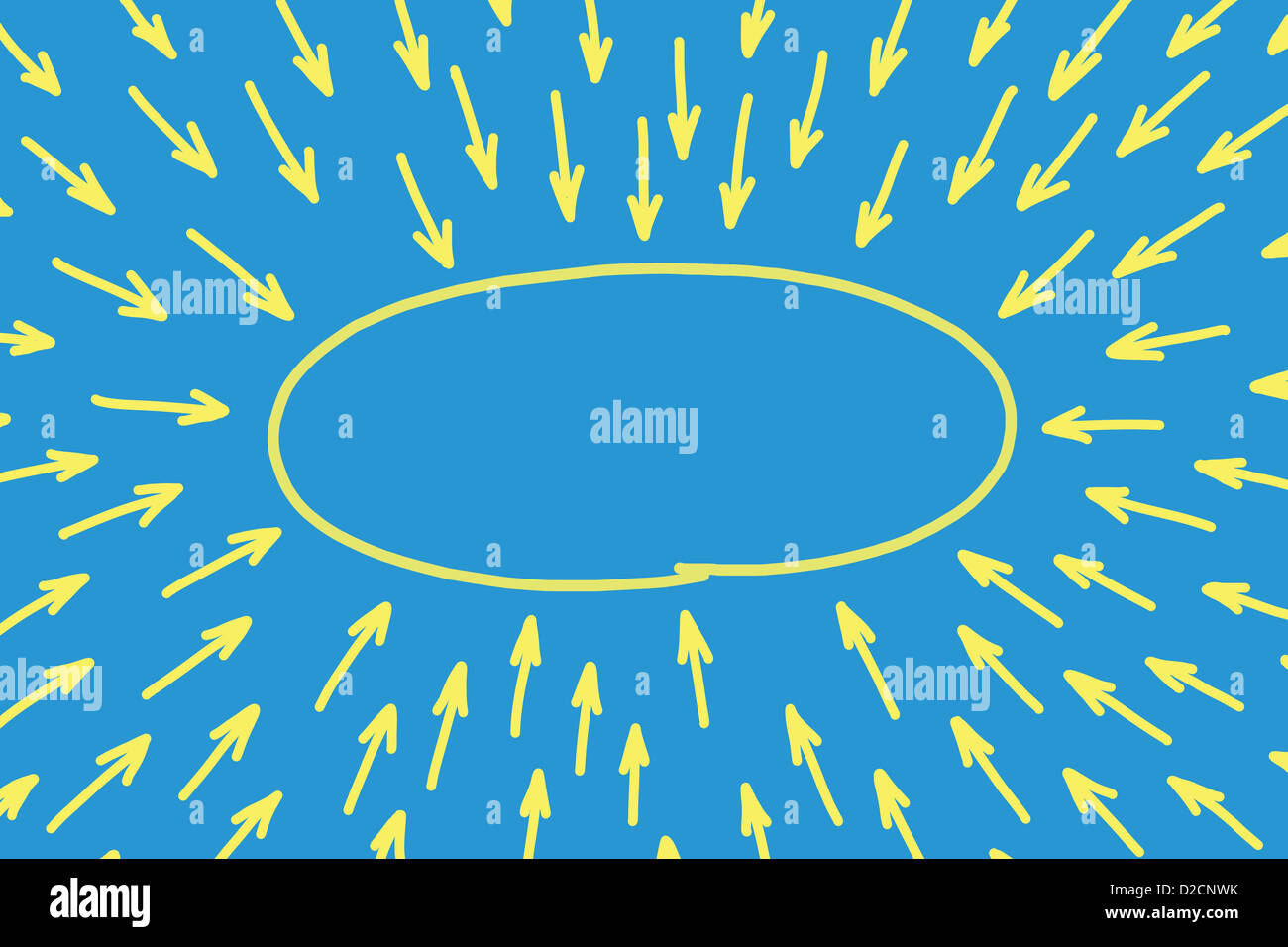 Blank yellow oval shape on blue background with many arrows pointing in it. Stock Photo