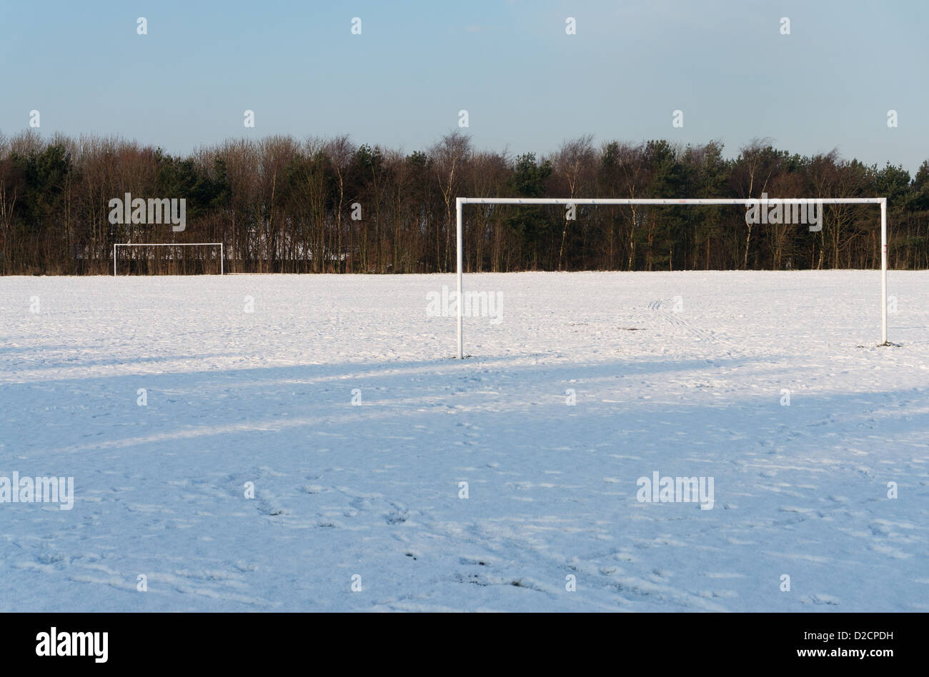 Snow covered football pitch north east England UK Stock Photo