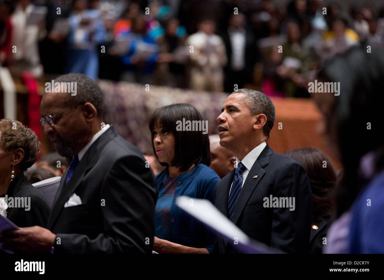 United States President Barack Obama and First Lady Michelle Obama attend a church service at Metropolitan African Methodist Episcopal Church in Washington, D.C., on Inauguration Day, Sunday, Jan. 20, 2013. .Mandatory Credit: Pete Souza - White House via CNP Stock Photo