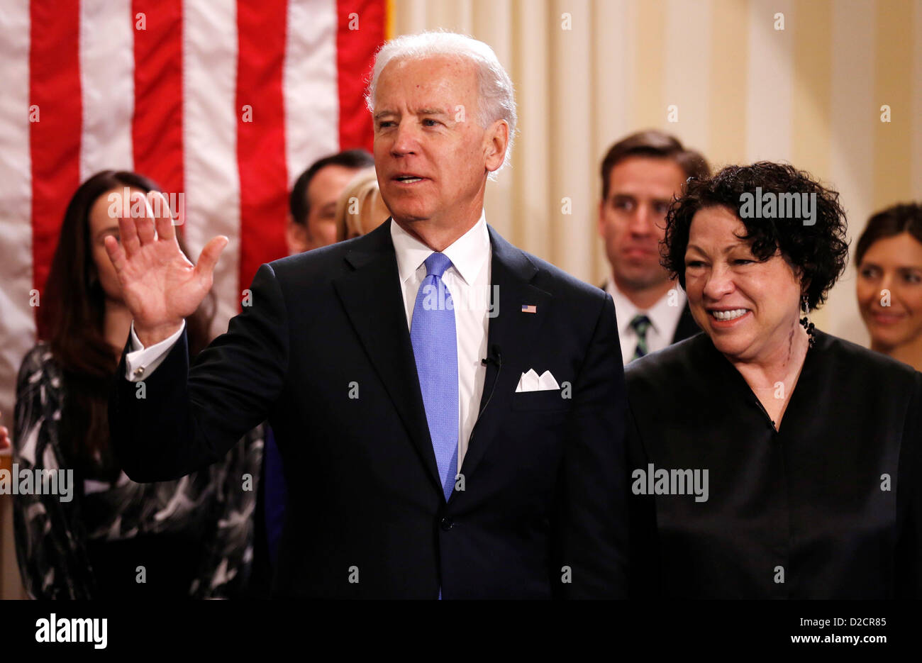 United States Vice President Joe Biden (L) after taking the oath of office from Supreme Court Justice Sonia Sotomayor (R) at the U.S. Naval Observatory in Washington January 20, 2013. .Credit: Kevin Lamarque / Pool via CNP Stock Photo
