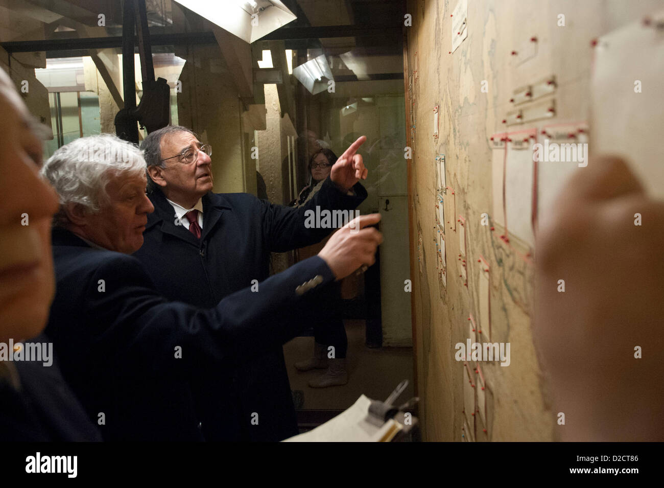 US Secretary of Defense Leon Panetta is shown Winston Churchill's map room by Phil Reed during a tour of Churchill's War Rooms January 19, 2013 in London, England, UK. Panetta is on a six day trip to Europe to meet with leaders and US troops. Stock Photo