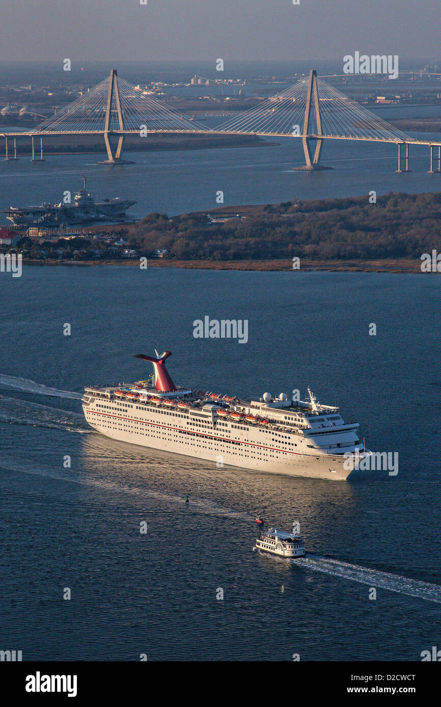 Aerial showing Carnival Cruise Lines ship departing Charleston Harbor