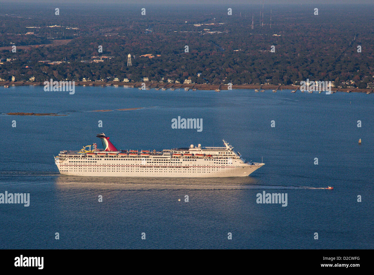 Aerial showing Carnival Cruise Lines ship departing Charleston Harbor
