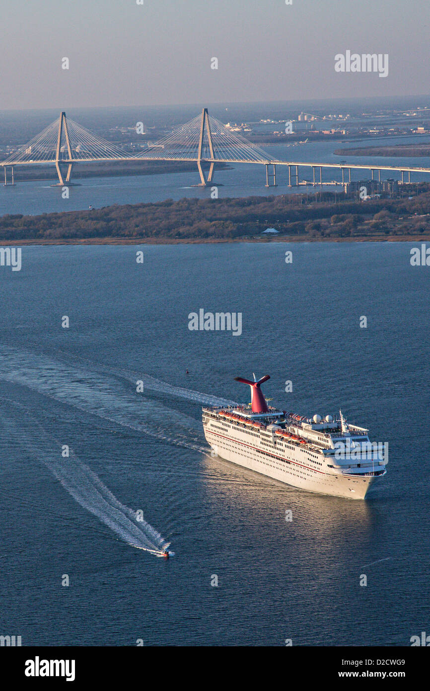 Aerial showing Carnival Cruise Lines ship departing Charleston Harbor