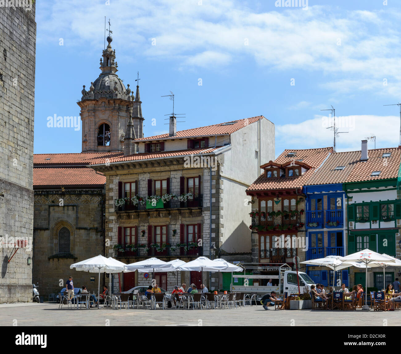 Buildings and sunshades at center area of Hondarribia (Pais Basque, Spain) Stock Photo