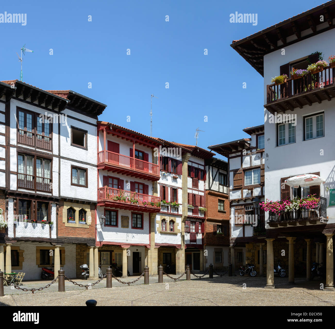 Famous square and decorated homes at Hondarribia (Pais Basque, Spain) Stock Photo
