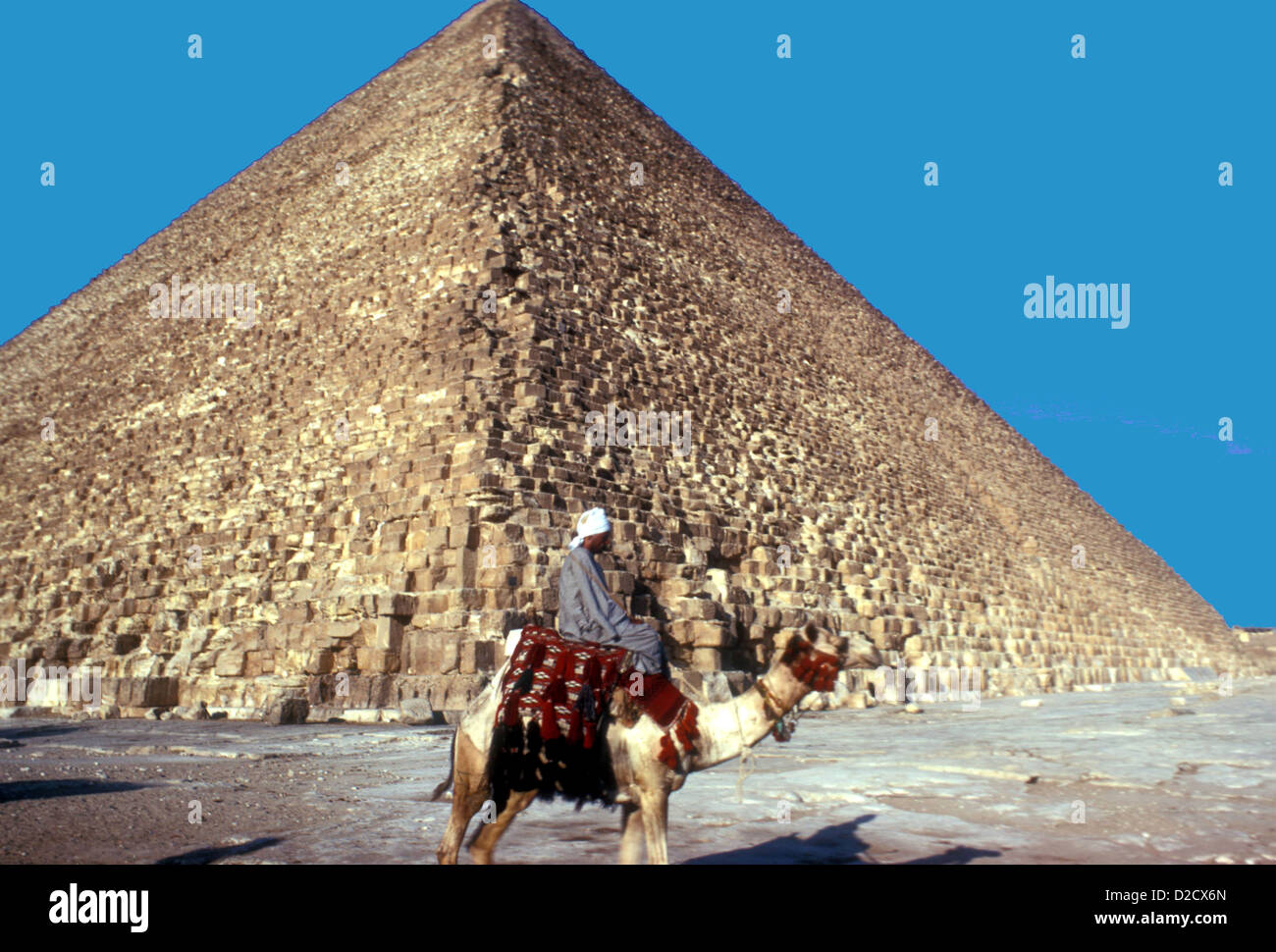 Camel-rider passing Cheops pyramid in  Giza Egypt. Limestone, dated from 2560 BCE. Stock Photo