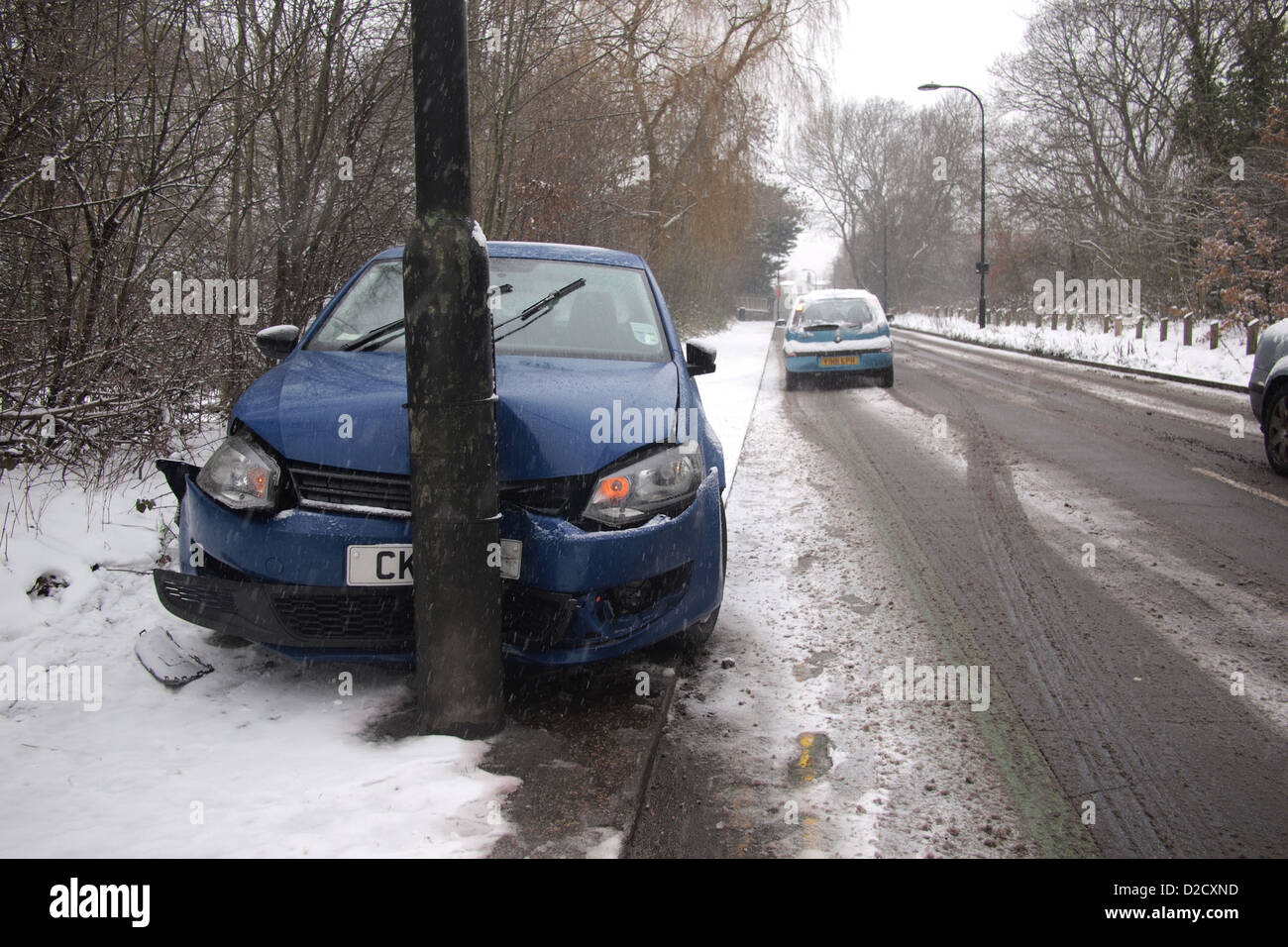 car crash accident in winter snow London UK england Stock Photo
