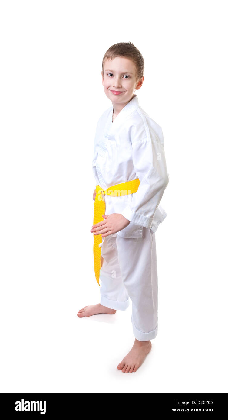 Young boy wearing tae kwon do uniform, yelllow belt Stock Photo