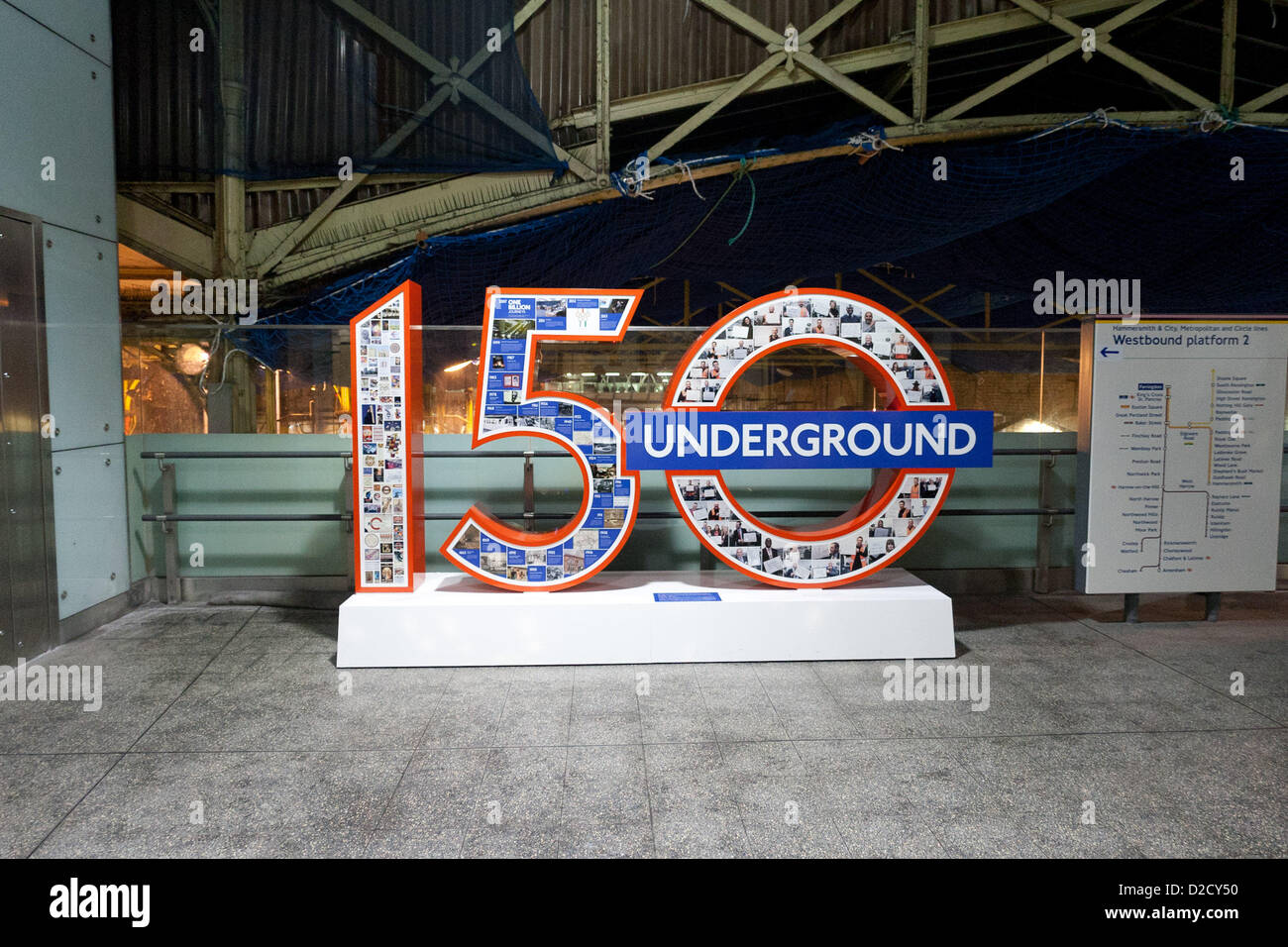 London, UK. 20th January 2013. 150 Underground logo at Farringdon Station, part of the Underground's 150th anniversary events, , London, UK Stock Photo