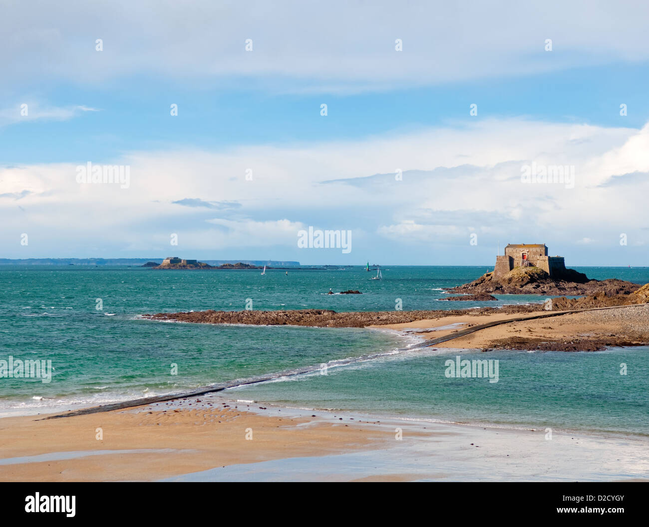 Low tide in Saint Malo, France. View on beach, mole and fort on island Stock Photo
