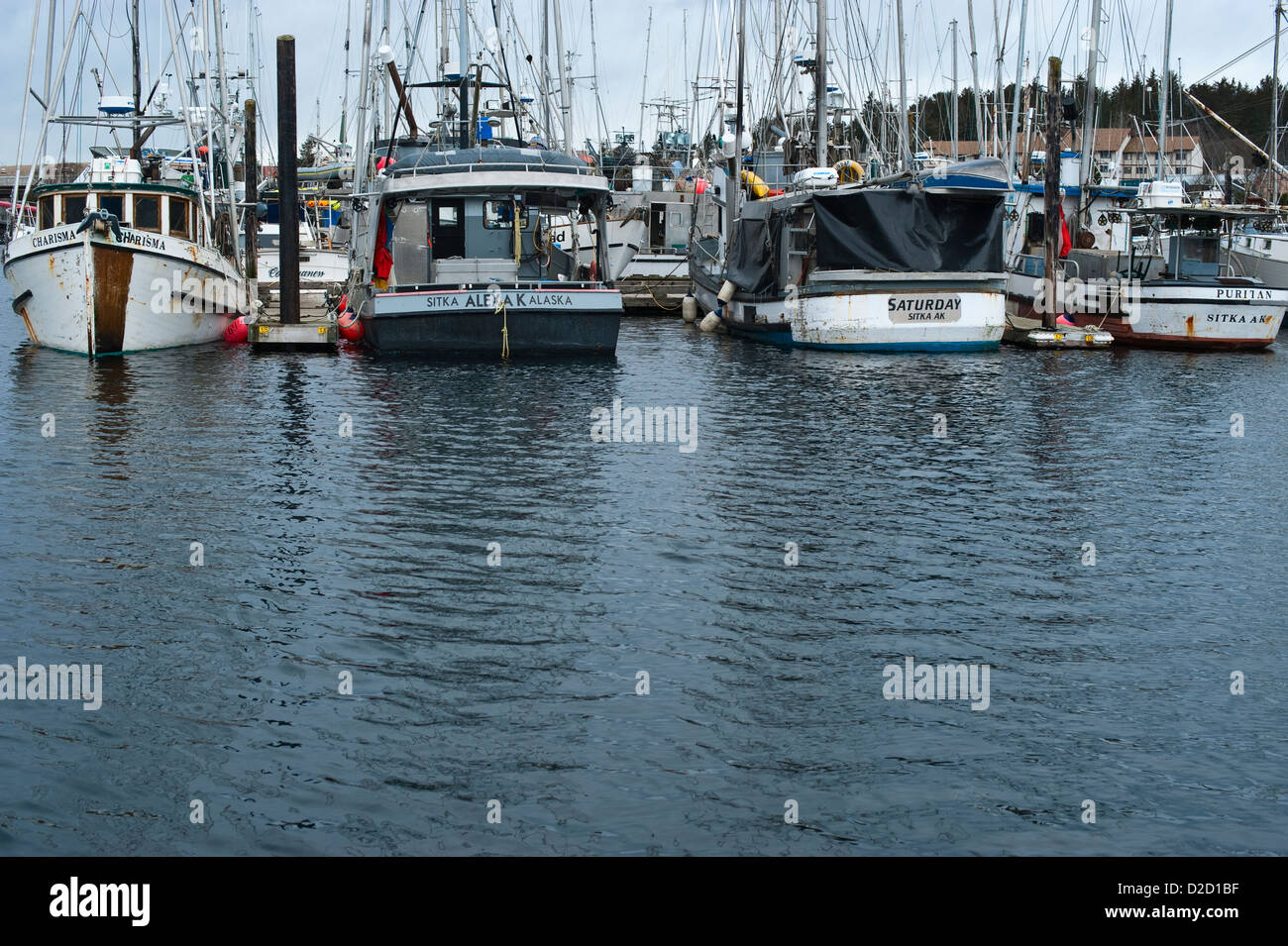 View of Crescent Harbor showing docks and fishing fleet, Sitka, Alaska, USA Stock Photo