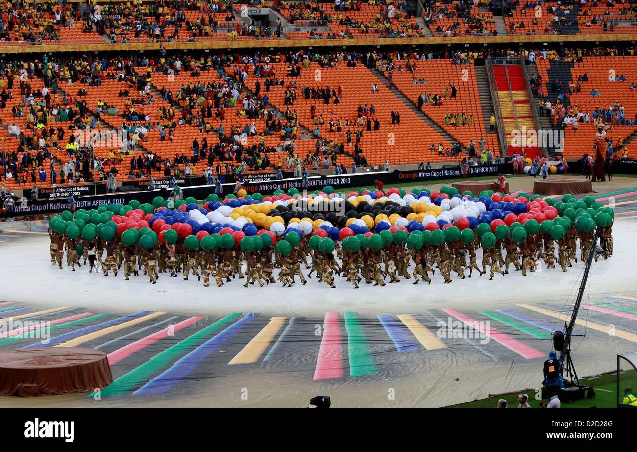 SOWETO, SOUTH AFRICA: Performers during the opening ceremony of the 2013 African Cup of Nations on January 19, 2013 in Soweto, South Africa. President Jacob Zuma officially opened the Afcon tournament at Soccer City, which kicked off with Bafana Bafana playing Cape Verde. (Photo by Gallo Images / Sunday Times / Simphiwe Nkwali) Stock Photo