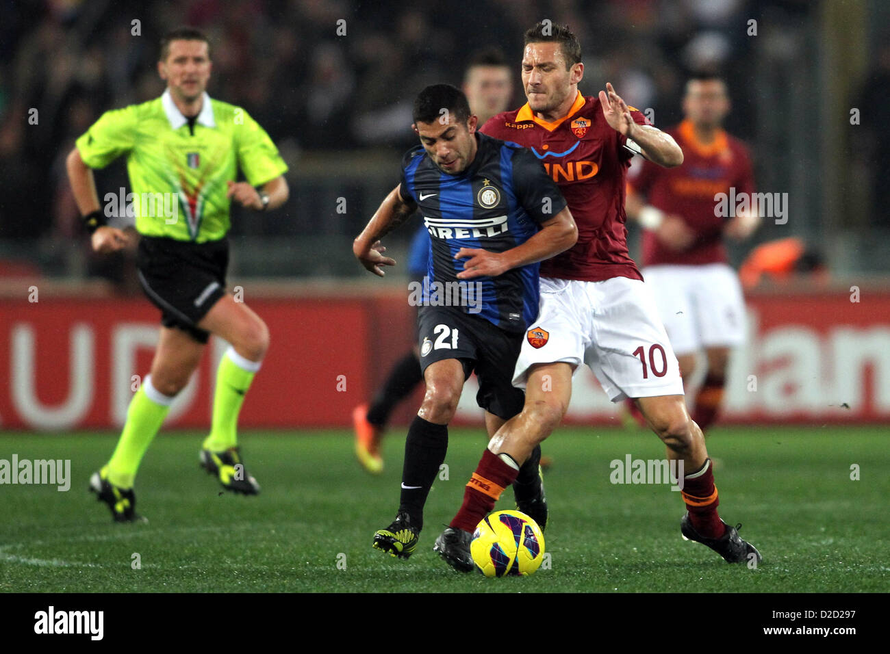 20.01.2013 Rome, Italy. Francesco Totti and Walter Gargano in action during the Serie A game between Roma and Inter Milan from the Stadio Olympico. Stock Photo