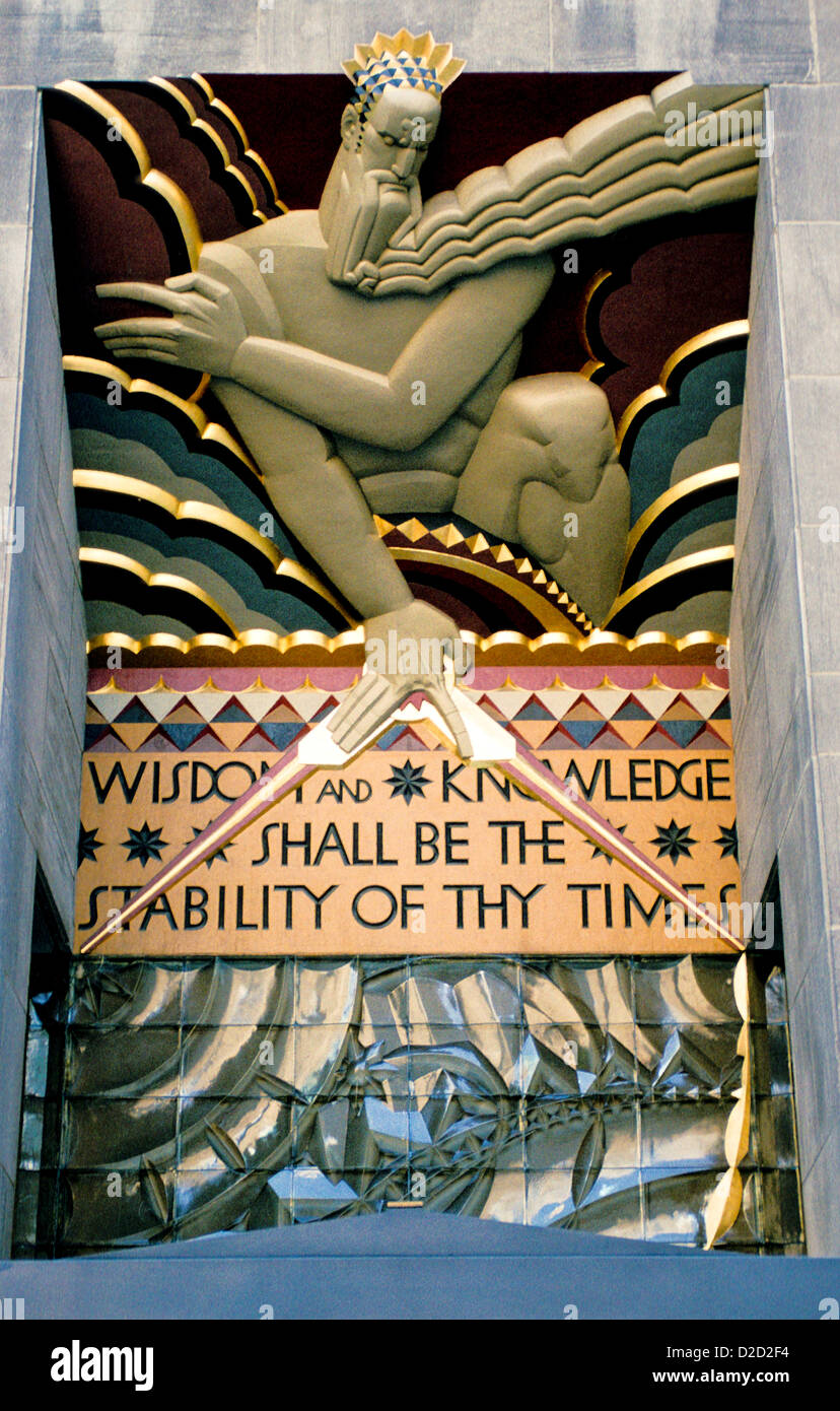 New York, New York. Rockefeller Center. Inscribed: Wisdom And Knowledge Shall Be The Stability Of Thy Times Stock Photo
