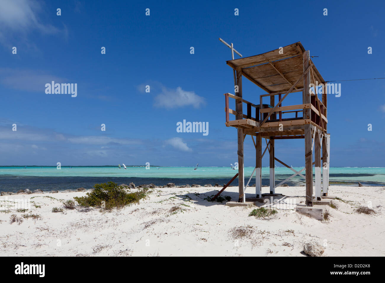 Life guard tower over looking wind surfers on Lac Bay, Bonaire Stock Photo