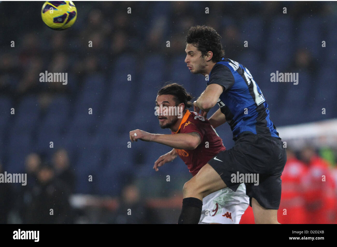 20.01.2013 Rome, Italy. Pablo Daniel Osvaldo and Andrea Ranocchia in action during the Serie A game between Roma and Inter Milan from the Stadio Olympico. Stock Photo