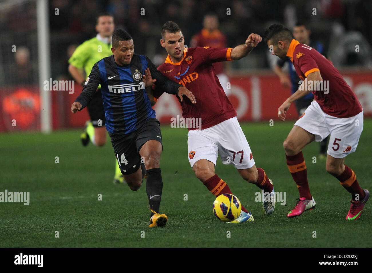 20.01.2013 Rome, Italy. Fredy Guarin and Panagiotis Tachtsidis in action during the Serie A game between Roma and Inter Milan from the Stadio Olympico. Stock Photo