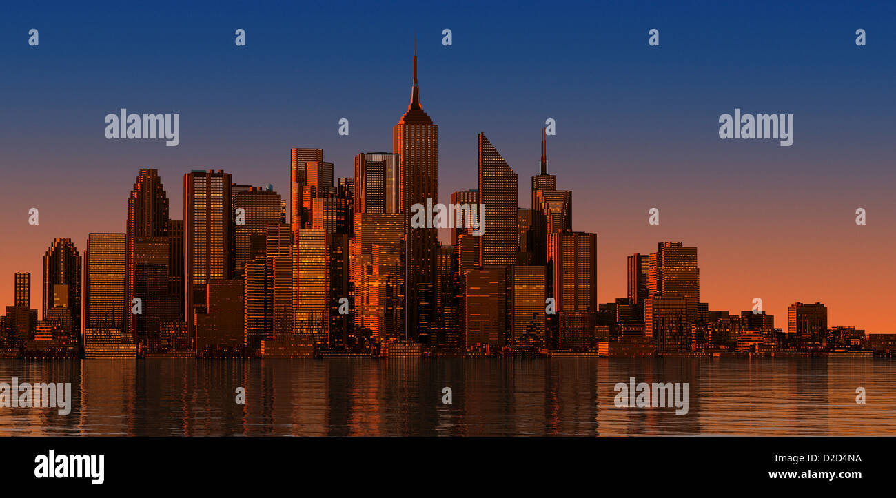 Cityscape at sunset computer artwork Stock Photo