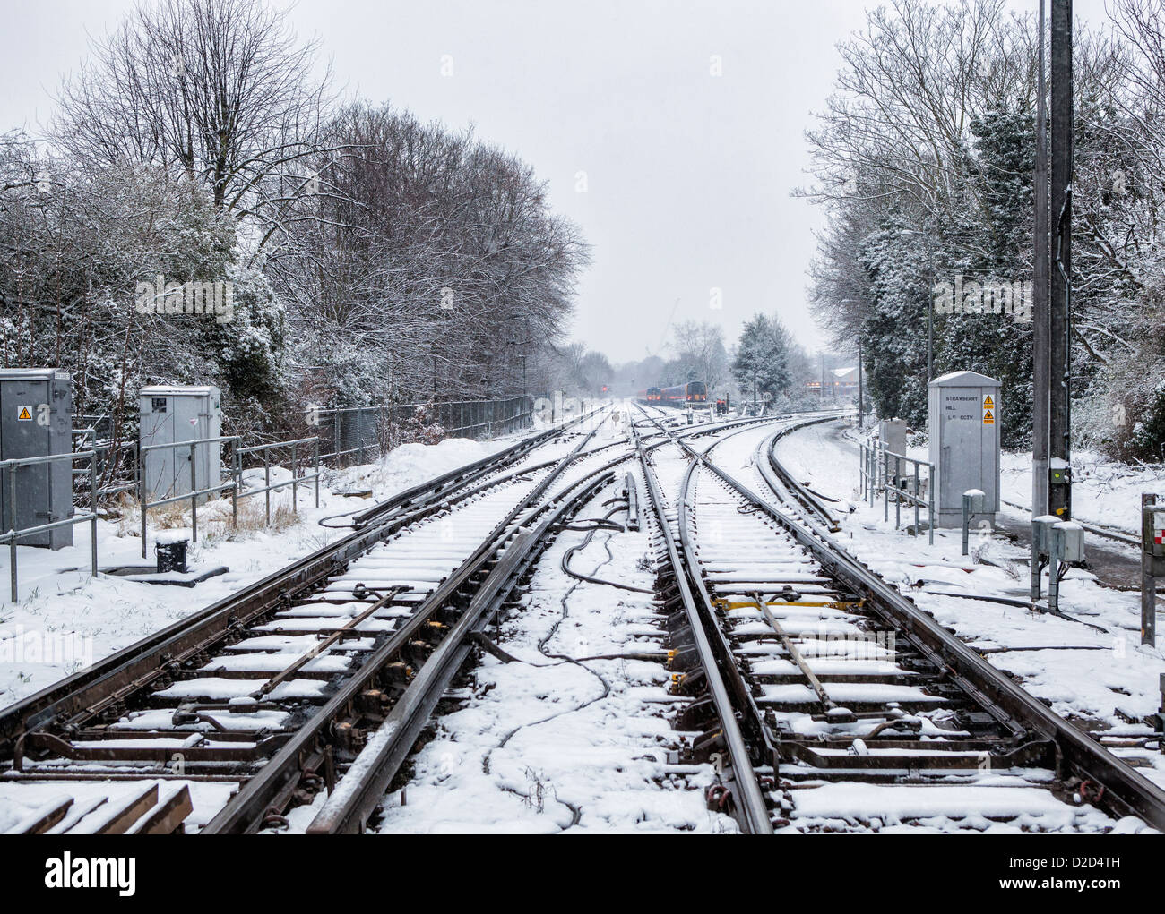 Snow covered railway lines at the Strawberry Hill Rail Station after a