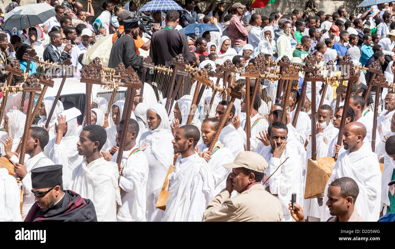 ADDIS ABABA, ETHIOPIA– JANUARY 19: Church members carry traditional ...