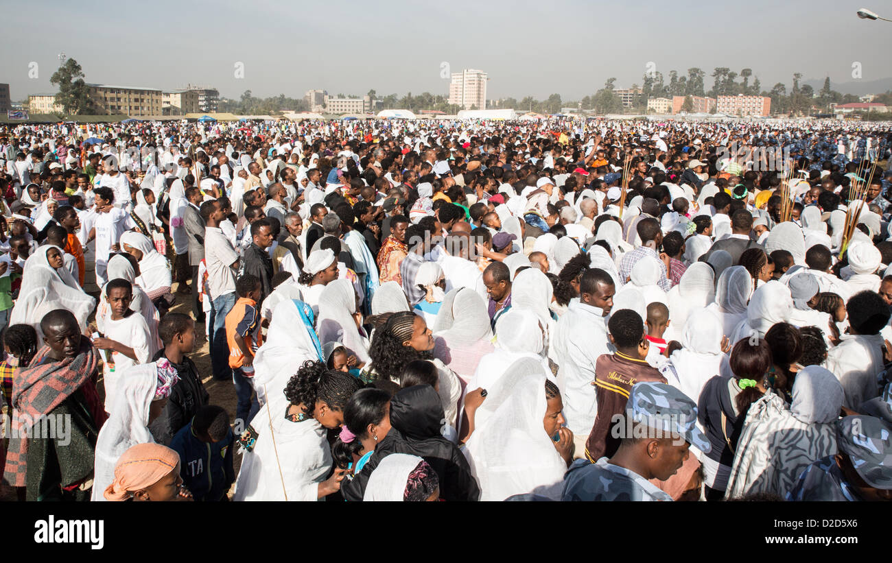 ADDIS ABABA, ETHIOPIA– JANUARY 19: A large crowd of people attending Timket celebrations of Epiphany, commemorating the baptism of Jesus in the river of Jordan, on January 19, 2013 in Addis Ababa. Stock Photo