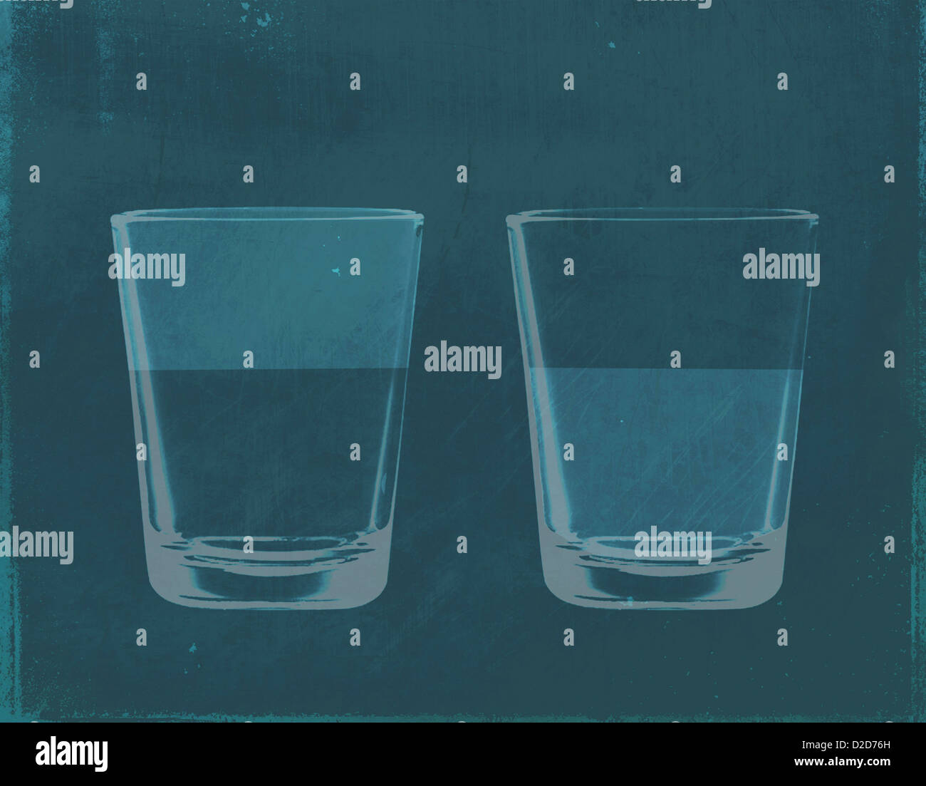 A half full glass of water next to a half empty glass of water Stock Photo