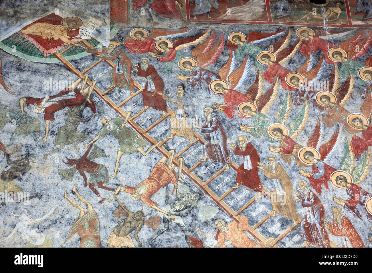 Wallpainting Jacob's Ladder, Heaven ladder. Sucevita Monastery is an Eastern Orthodox convent situated in the Northeastern part Stock Photo