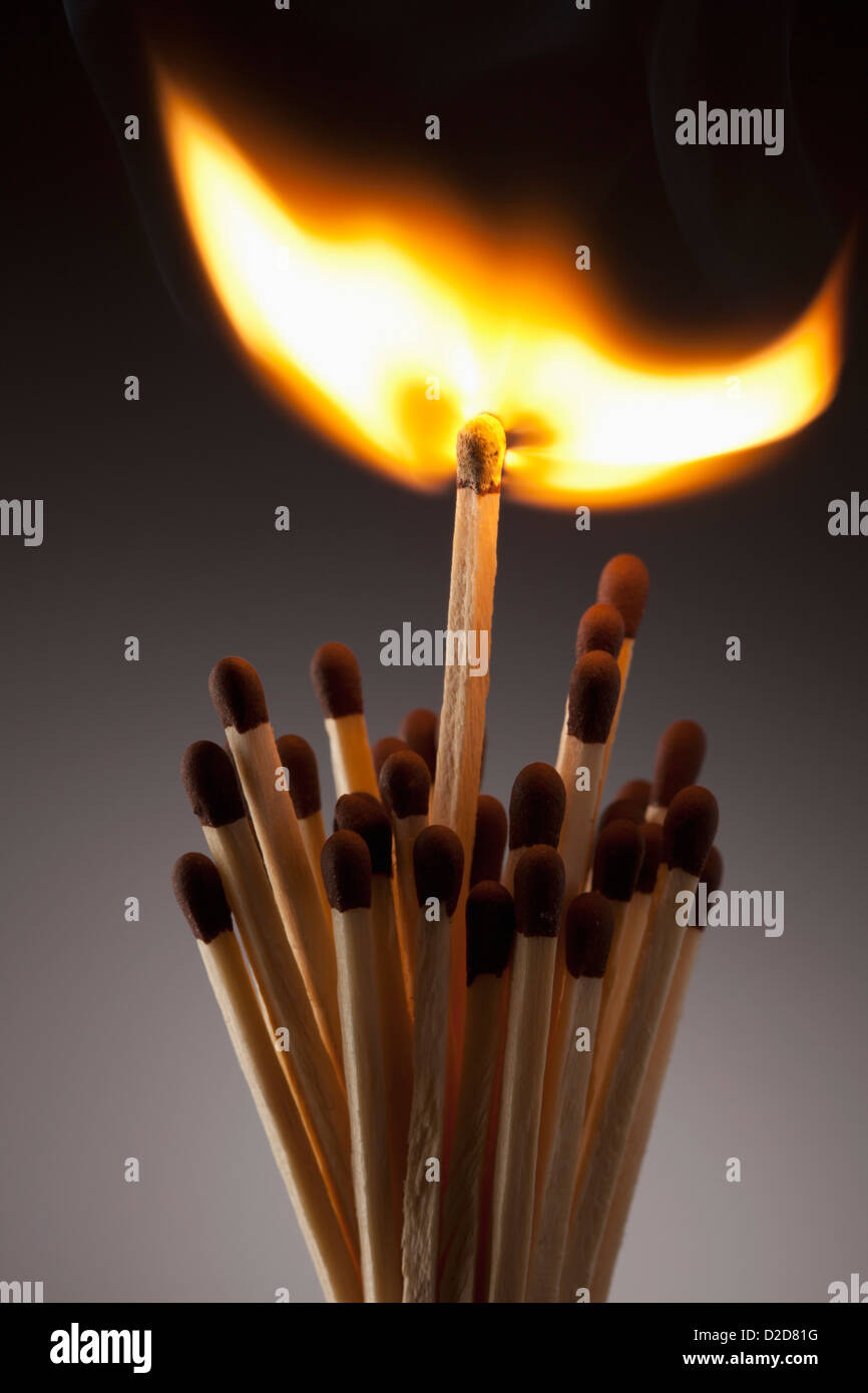 One lit match in a bundle of matches Stock Photo