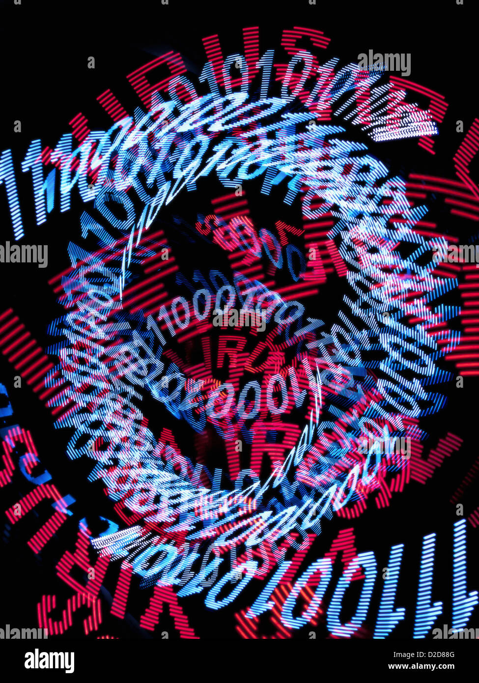 Spirals Of Blue Binary Code And The Word Virus Repeated Many Times In Red Stock Photo Alamy