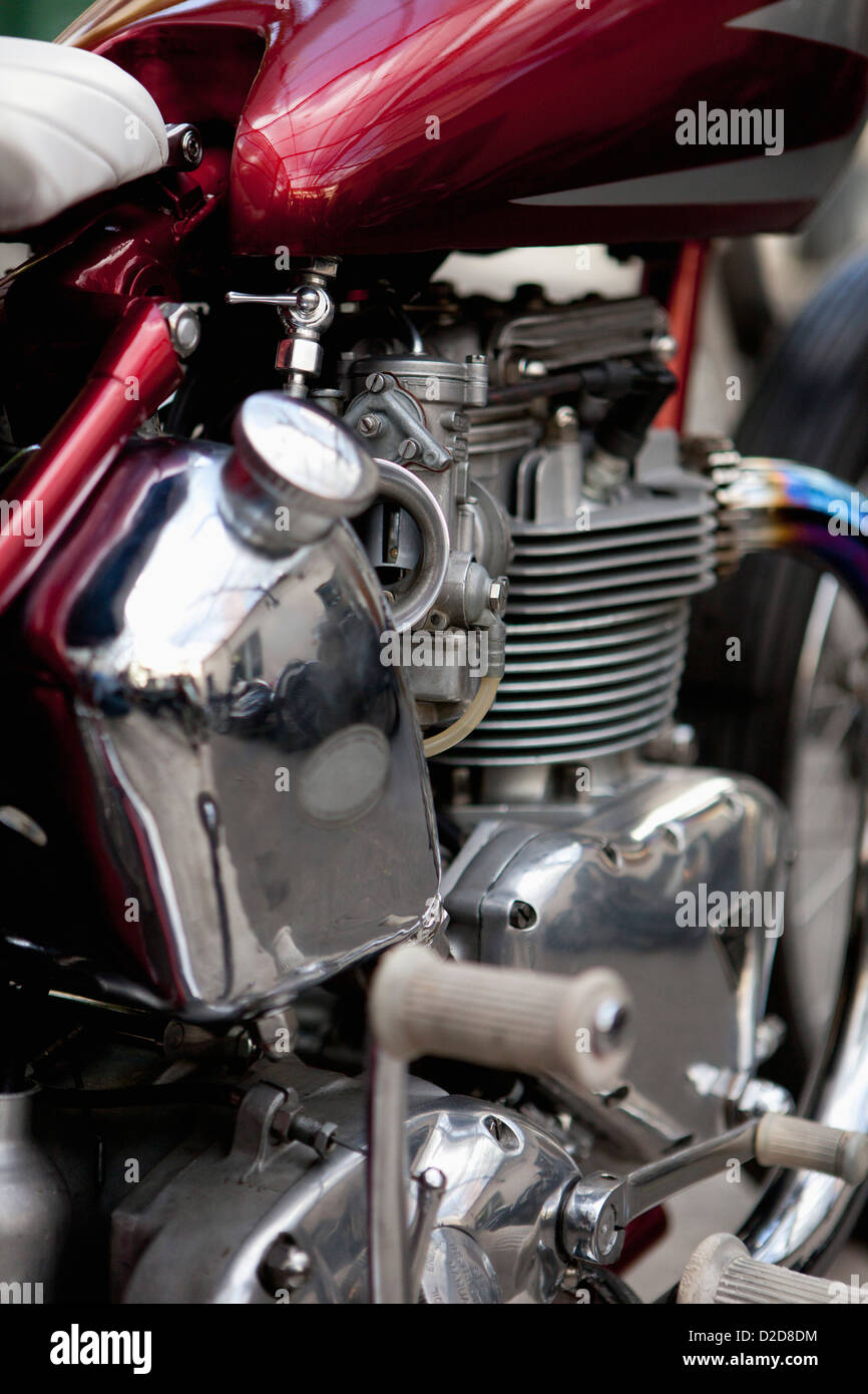Motorcycle oil Tank, kick starter and carburetor Stock Photo
