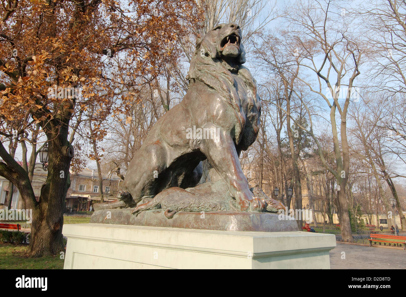 sculpture of a bronzy lion in Odessa city garden, Odessa, Ukraine, Eastern Europe Stock Photo